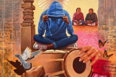 DAPHA: RYTHMS OF TRANSFORMATION AND SURVIVAL’ By Martin Travers, Acrylic and image transfer on canvas, 64 x 100cm