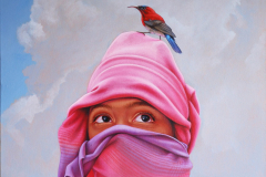 ‘THE LABOURER AND THE CRIMSON SUNBIRD’ By Martin Travers, Acrylic on canvas, 91 x 65cm (2022)